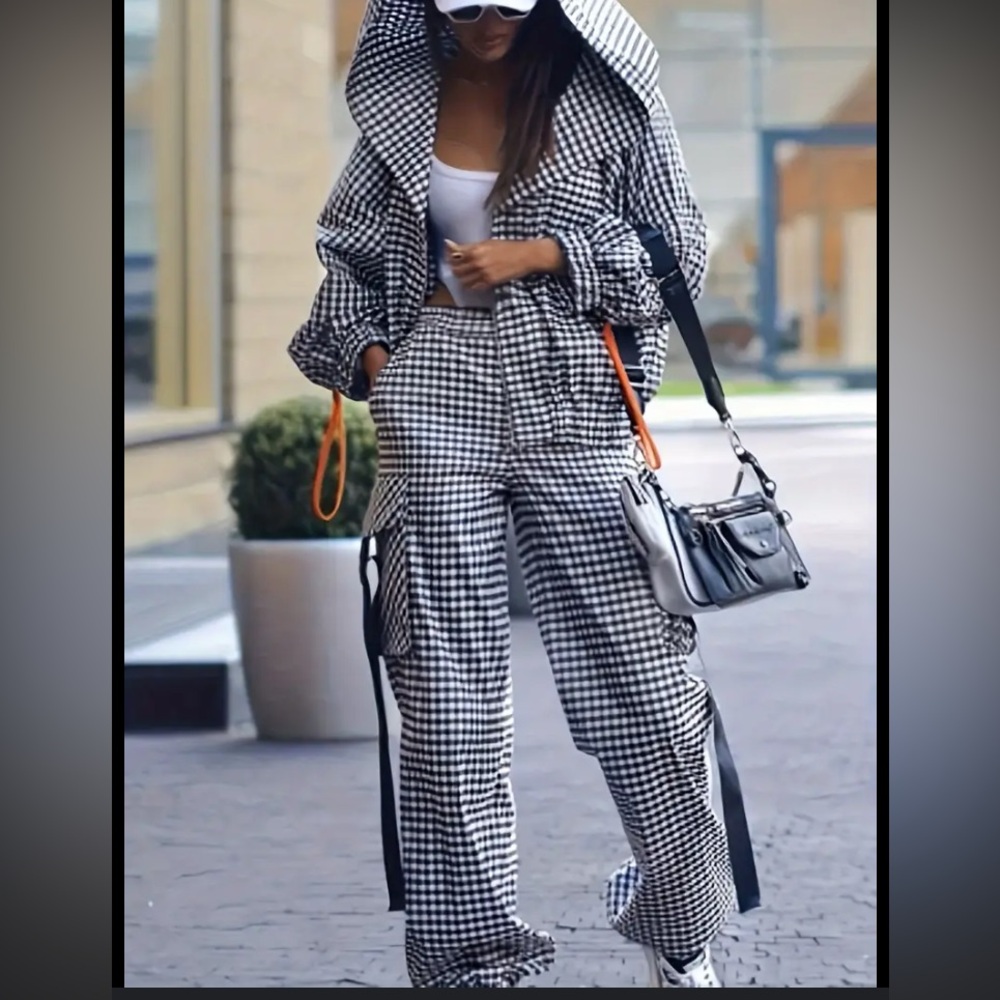 Black & White Gingham Streetwear 🖤 lightweight Jacket And Pants With Hood